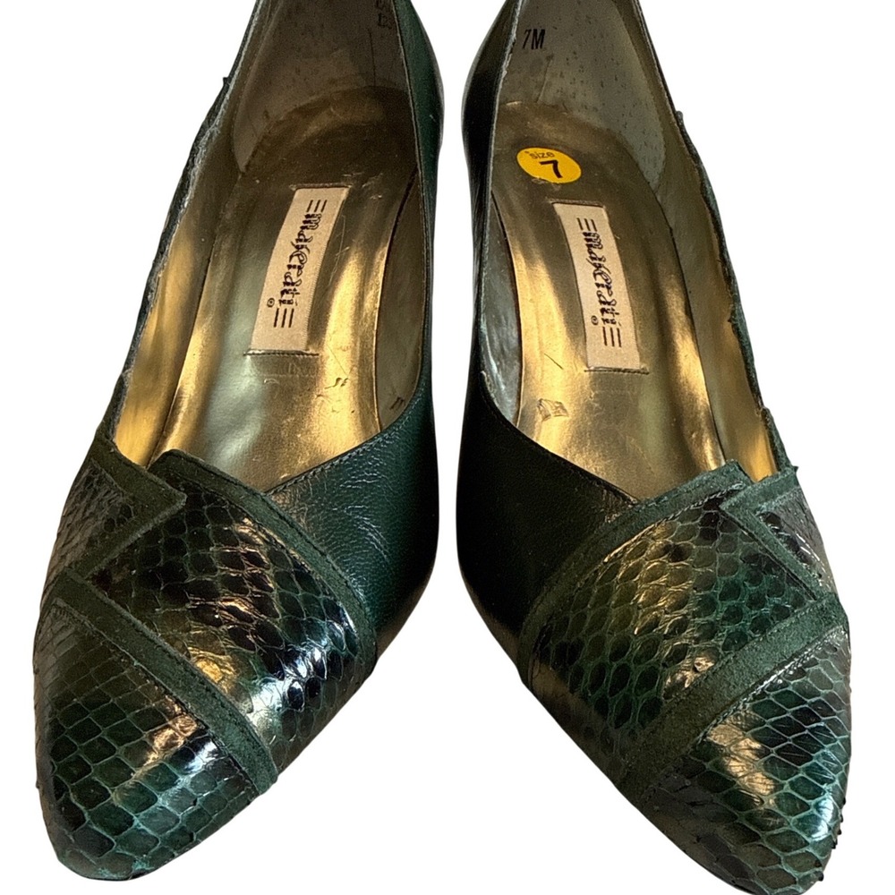 Maserati Womens Green Leather Snakeskin‎ Patchwork Pointed Toe Kitten Heels Sz 7